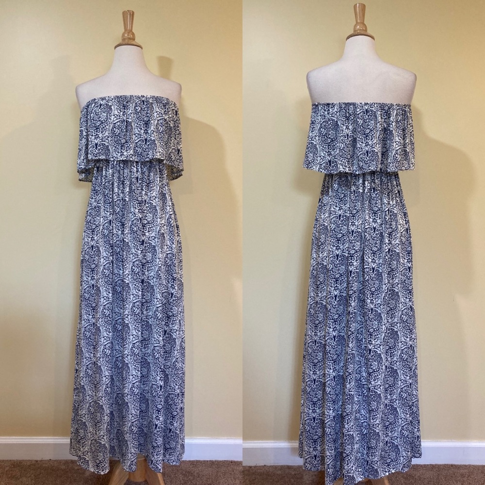 Strapless Blue Floral Ruffle Overlay Maxi Dress - Picture 3 of 4